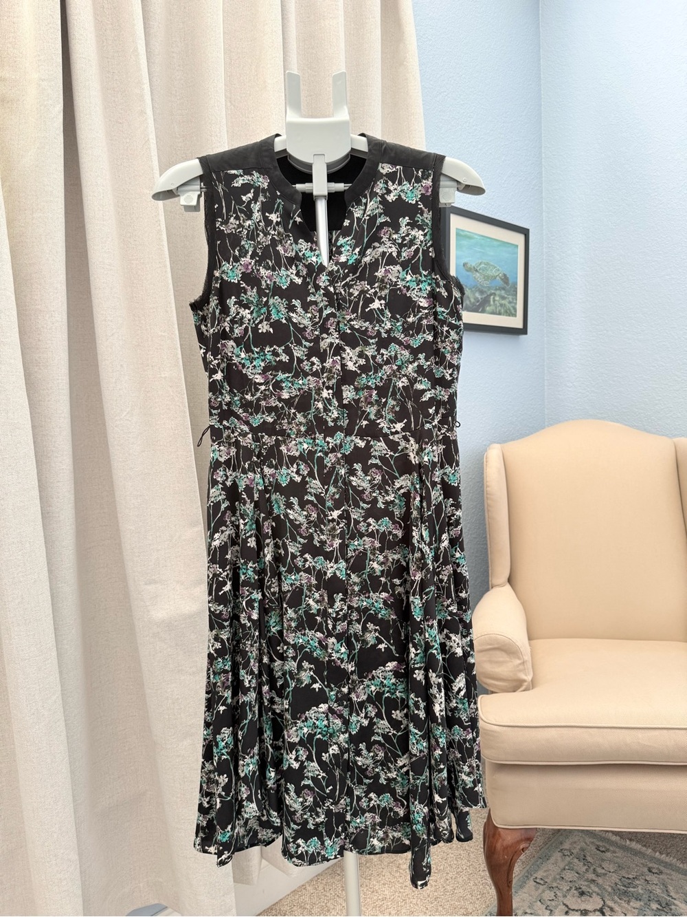 Vera Wang Sleeveless Floral A Line Dress Black Teal White Size XS